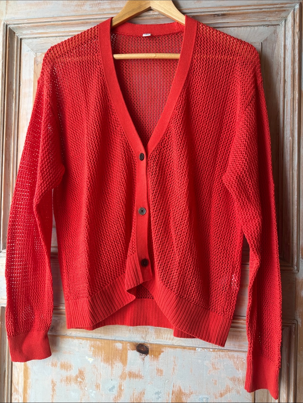 Uniqlo Bright Orange/Red Open-Knit V-Neck Button Cardigan